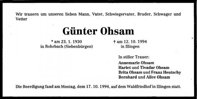 Ohsam Guenter 1930-1994 Todesanzeige